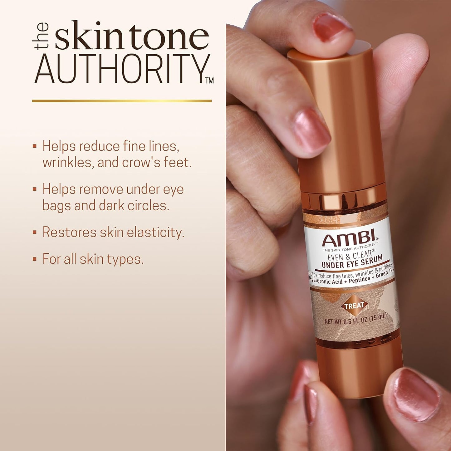 Ambi Even & Clear Under Eye Serum for All Skin Types; Anti Aging Formula features Peptides, Hyaluronic Acid, and Vitamin A to help Reduce Fine Lines, Wrinkles, and Dark Circles , 0.5 Ounce