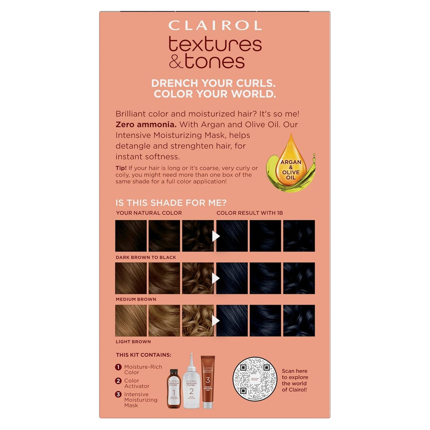 Clairol Textures & Tones Permanent Hair Dye, 1B Silken Black Hair Color