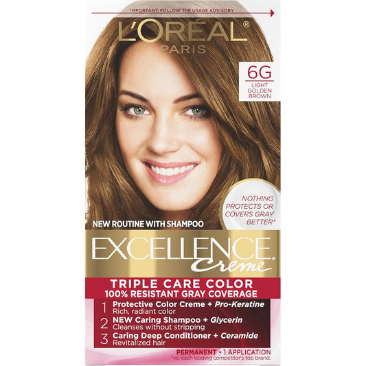 L'Oreal Paris Excellence Creme Permanent Triple Care Hair Color, 6G Light Golden Brown, Gray Coverage For Up to 8 Weeks, All Hair Types,