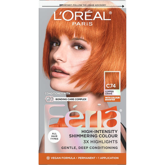 L'Oreal Paris Feria Multi-Faceted Shimmering Permanent Hair Color, C74 Copper Crave (Intense Copper)