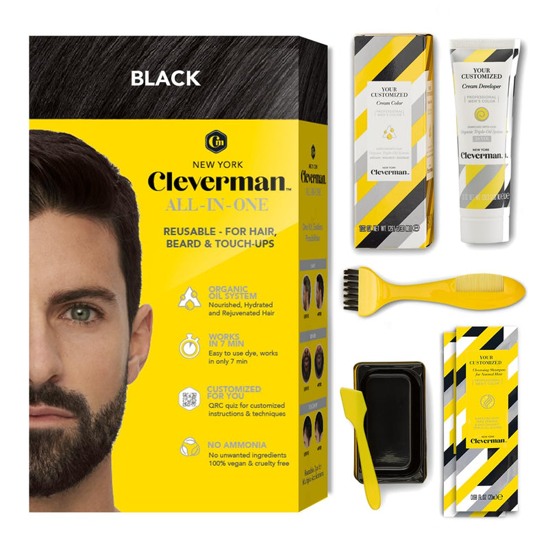 CLEVERMAN Black Hair & Beard Dye for Men, All-in-One Reusable Kit - Natural-Looking Gray Coverage, Professional-Quality, Ammonia-Free, 3.38 Fl Oz