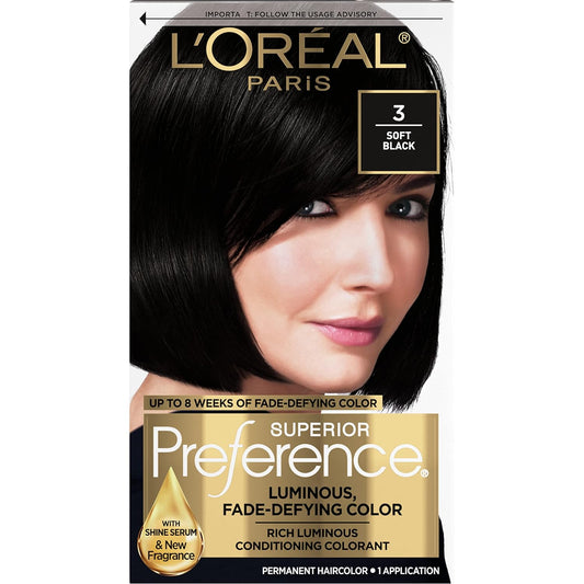 L'Oreal Paris Superior Preference Luminous Fade-Defying Permanent Hair Color, Hair Dye For Up to 9 Weeks of Radiance, Soft Black 3, 1 Hair Dye Kit