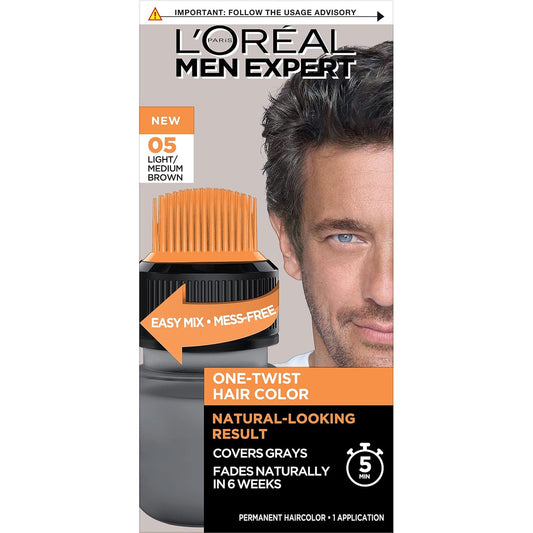 L’Oreal Paris Men Expert One Twist Mess Free Permanent Hair Color, Mens Hair Dye to Cover Grays, Easy Mix Ammonia Free Application, Light Medium Brown 05, 1 Application Kit
