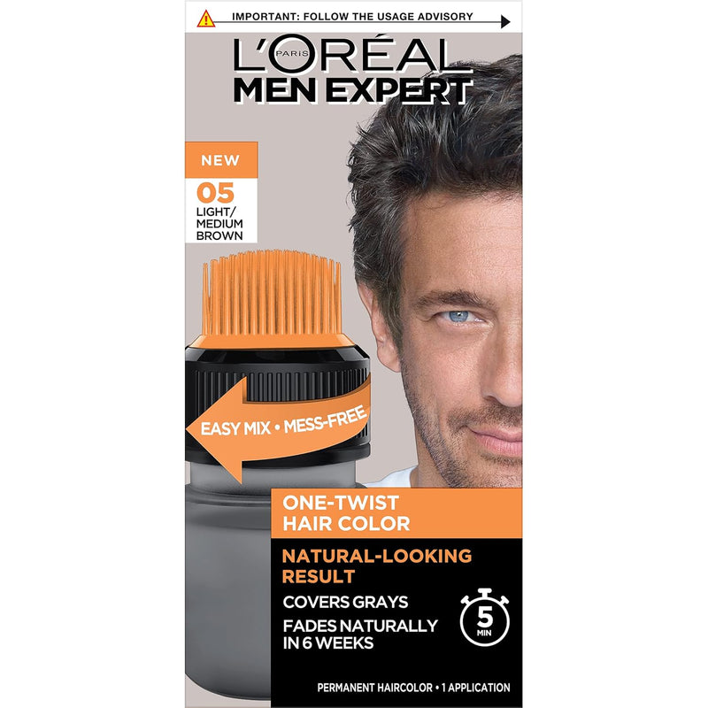 L’Oreal Paris Men Expert One Twist Mess Free Permanent Hair Color, Mens Hair Dye to Cover Grays, Easy Mix Ammonia Free Application, Light Medium Brown 05, 1 Application Kit