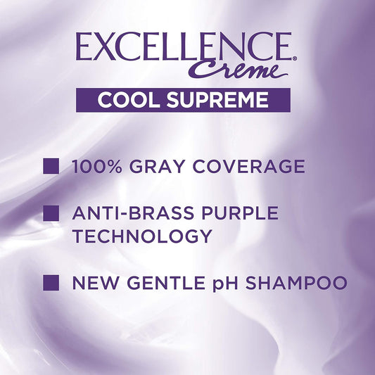 L'Oreal Paris Excellence Cool Supreme Permanent Hair Color, Ash, 100 Percent Gray Coverage Hair Dye, Anti-Brass regimen includes gentle shampoo, and an anti-brass conditioner