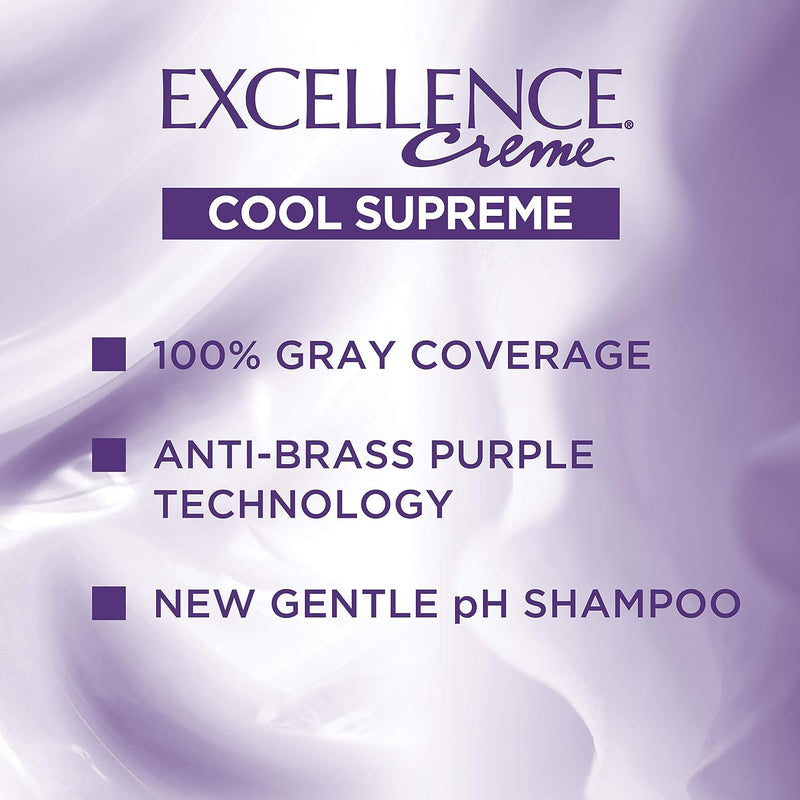 L'Oreal Paris Excellence Cool Supreme Permanent Hair Color, Ash, 100 Percent Gray Coverage Hair Dye, Anti-Brass regimen includes gentle shampoo, and an anti-brass conditioner