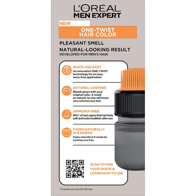 L’Oreal Paris Men Expert One Twist Mess Free Permanent Hair Color, Mens Hair Dye to Cover Grays, Easy Mix Ammonia Free Application, Light Medium Brown 05, 1 Application Kit