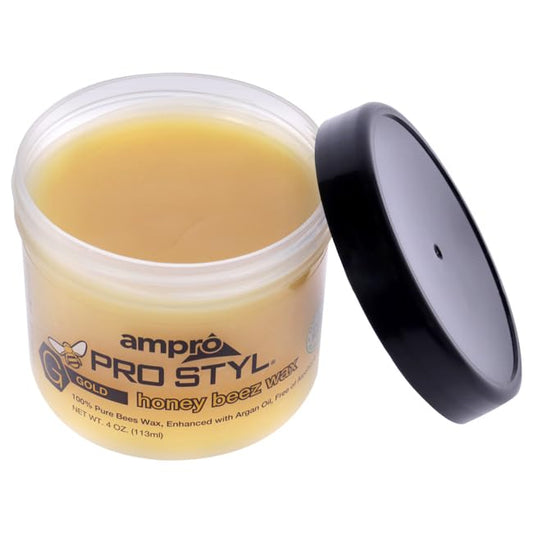 Ampro Pro Styl Beez Wax - Softens Your Hair and Provides Strong Hold - Infused with Argan Oil to Smooth and Condition Tresses - Creates Sleek Looks When Locking, Curling, and Braiding - Gold - 4 oz