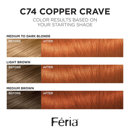 L'Oreal Paris Feria Multi-Faceted Shimmering Permanent Hair Color, C74 Copper Crave (Intense Copper)