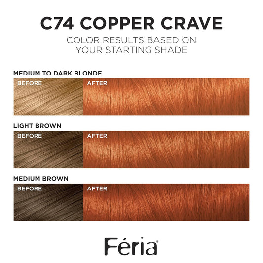 L'Oreal Paris Feria Multi-Faceted Shimmering Permanent Hair Color, C74 Copper Crave (Intense Copper)