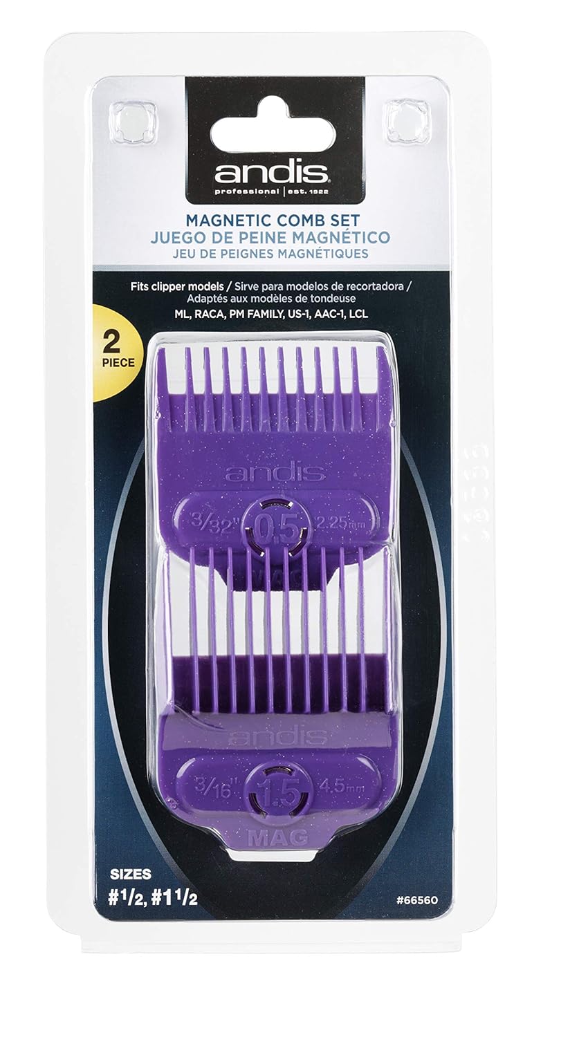 Andis 66560 Magnetic Comb Set - Dual Pack 0.5 & 1.5 - Long-Lasting Performance - Provides Safe & Accurate Clipper Cutting – 2 Count – Violet