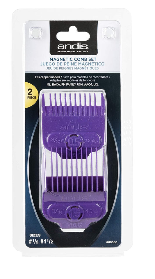 Andis 66560 Magnetic Comb Set - Dual Pack 0.5 & 1.5 - Long-Lasting Performance - Provides Safe & Accurate Clipper Cutting – 2 Count – Violet