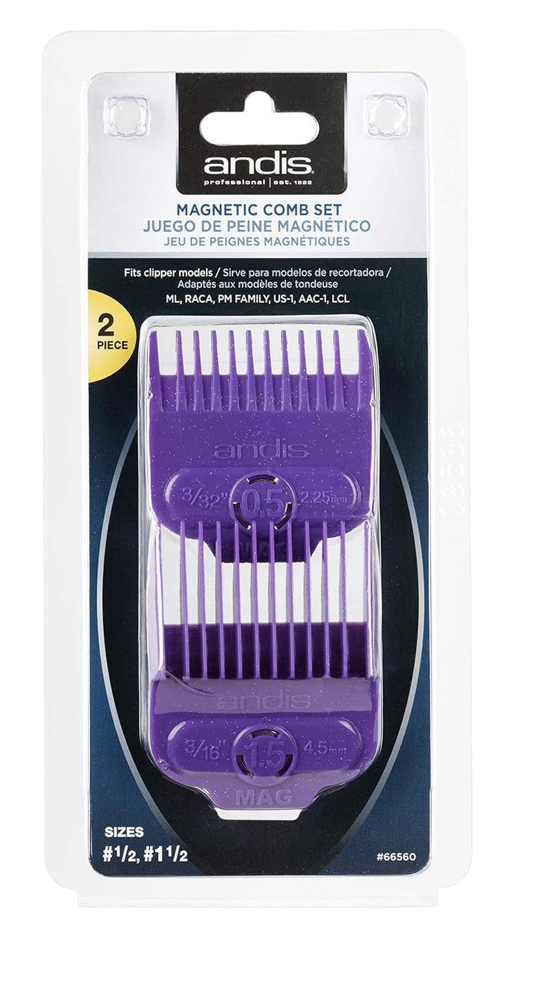 Andis 66560 Magnetic Comb Set - Dual Pack 0.5 & 1.5 - Long-Lasting Performance - Provides Safe & Accurate Clipper Cutting – 2 Count – Violet