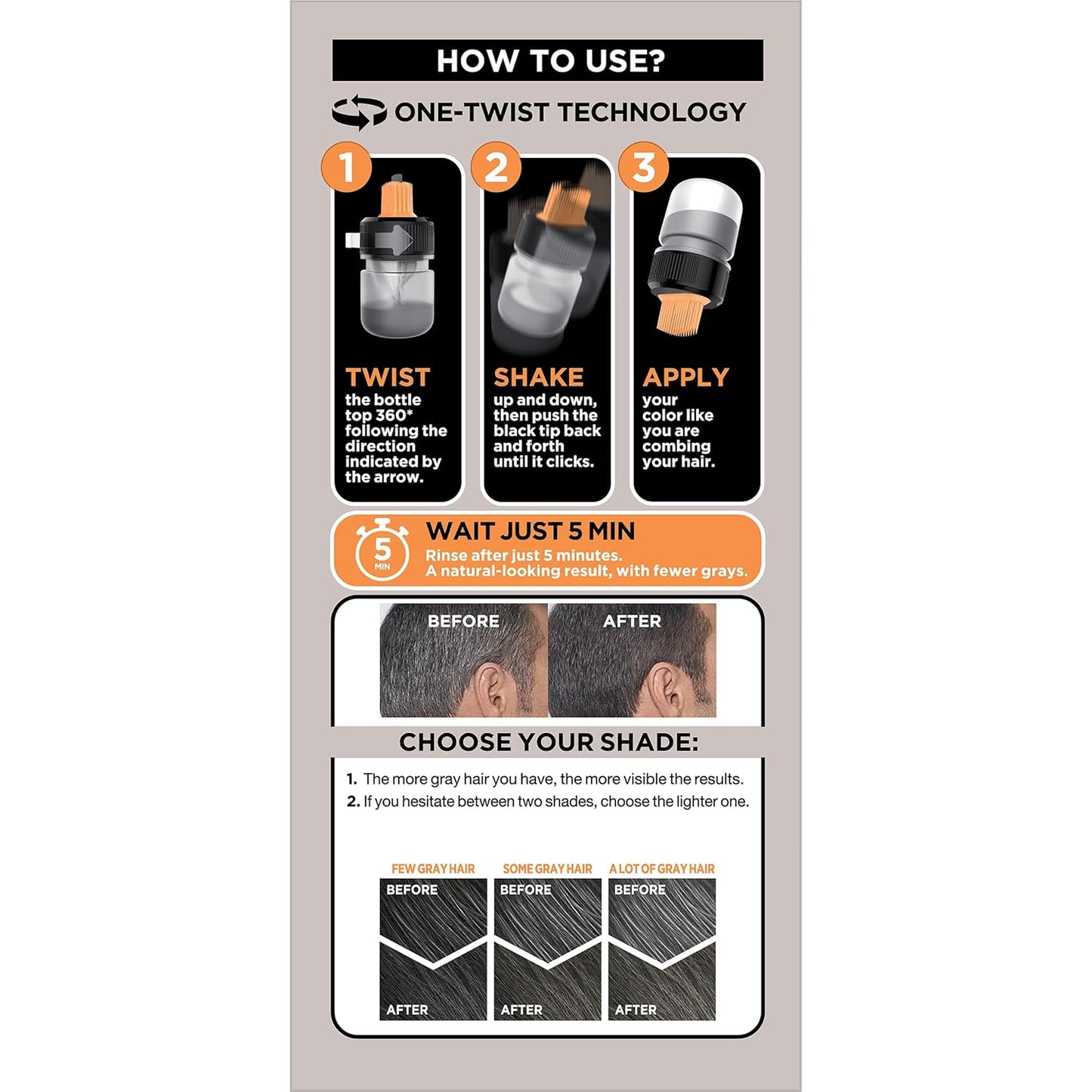 L’Oreal Paris Men Expert One Twist Mess Free Permanent Hair Color, Mens Hair Dye to Cover Grays, Easy Mix Ammonia Free Application, Light Medium Brown 05, 1 Application Kit