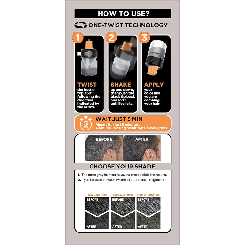 L’Oreal Paris Men Expert One Twist Mess Free Permanent Hair Color, Mens Hair Dye to Cover Grays, Easy Mix Ammonia Free Application, Light Medium Brown 05, 1 Application Kit