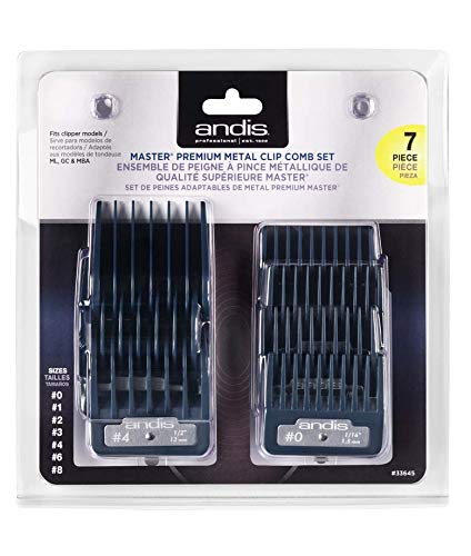 Andis Master Series Premium Hair Clipper Attachment Comb Set, Clipper Guards Cutting Guides with Metal Clip, Black, 7 Count