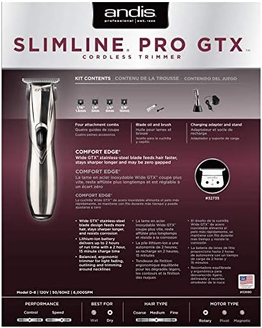 Andis Slimline Pro GTX Lithium-Ion Cordless Wide Blade Trimmer D-8 (32690) - Bundled with a BeauWis Blade Brush