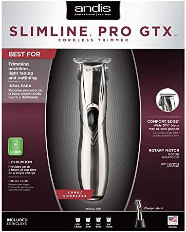 Andis Slimline Pro GTX Lithium-Ion Cordless Wide Blade Trimmer D-8 (32690) - Bundled with a BeauWis Blade Brush