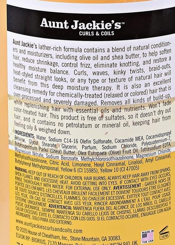 Aunt Jackie's Curls and Coils Oh So Clean Deep Moisturizing and Softening Hair Shampoo for Natural Curls, Coils and Waves, Enriched shea Butter, 12 oz