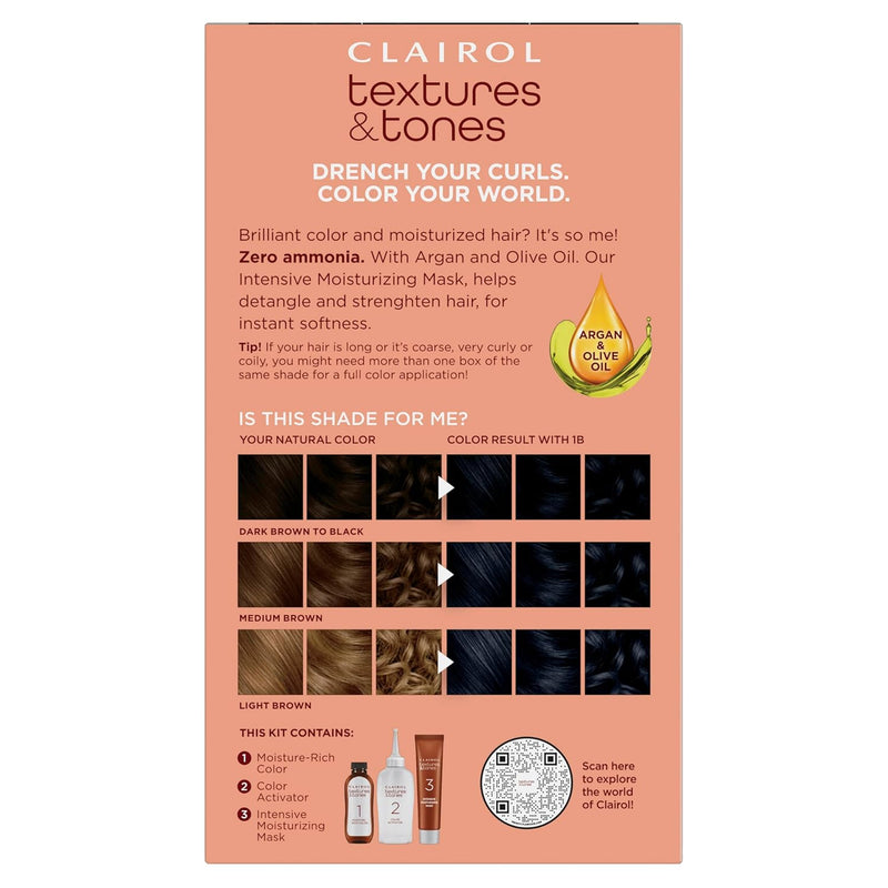 Clairol Textures & Tones Permanent Hair Dye, 1B Silken Black Hair Color