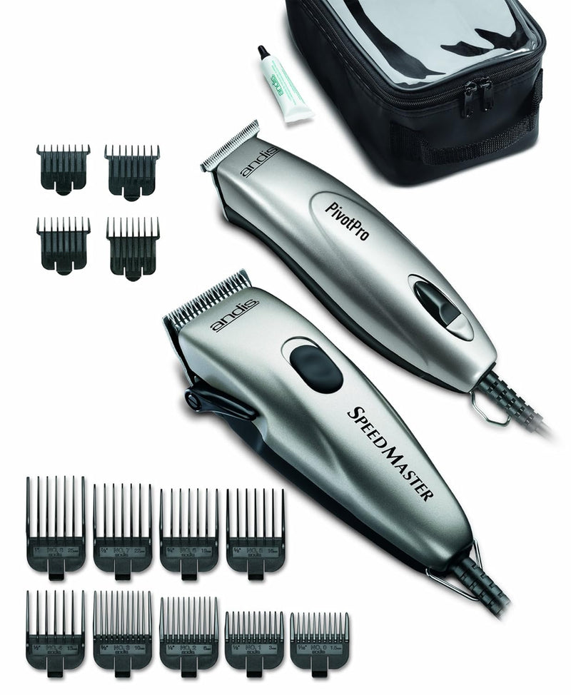 Andis 23965 Professional PivotPro And SpeedMaster Hair Clipper and Beard Trimmer PivotMotor Set, Silver