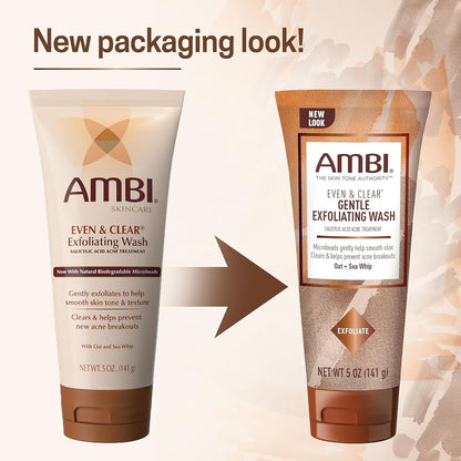 Ambi Even & Clear Gentle Exfoliating Wash with Oat and Sea Whip, Salicylic Acid Acne Treatment, Helps Clear & Prevent Breakouts, Exfoliates to Help Smooth Skin Tone & Texture, 5 Ounce