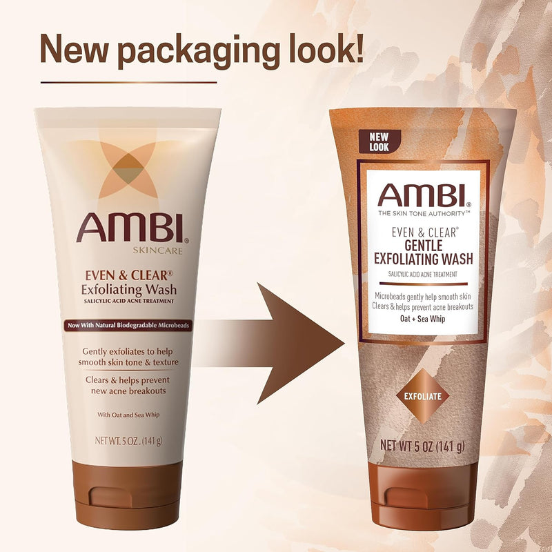 Ambi Even & Clear Gentle Exfoliating Wash with Oat and Sea Whip, Salicylic Acid Acne Treatment, Helps Clear & Prevent Breakouts, Exfoliates to Help Smooth Skin Tone & Texture, 5 Ounce